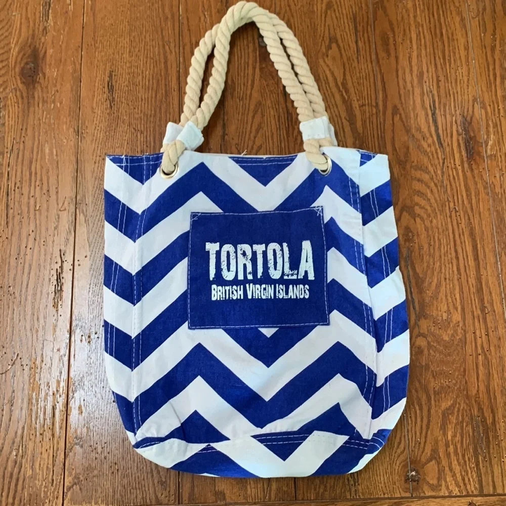 Tortola British Virgin Islands Royal Blue and White Chevron Tote w/ Rope Straps